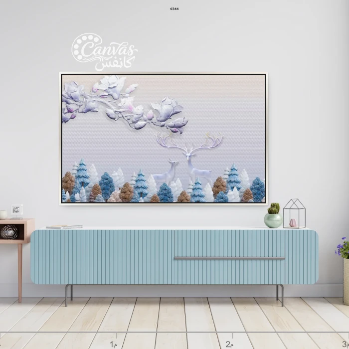 لوحة طبيعية مع غزلان وأشجار ملونة