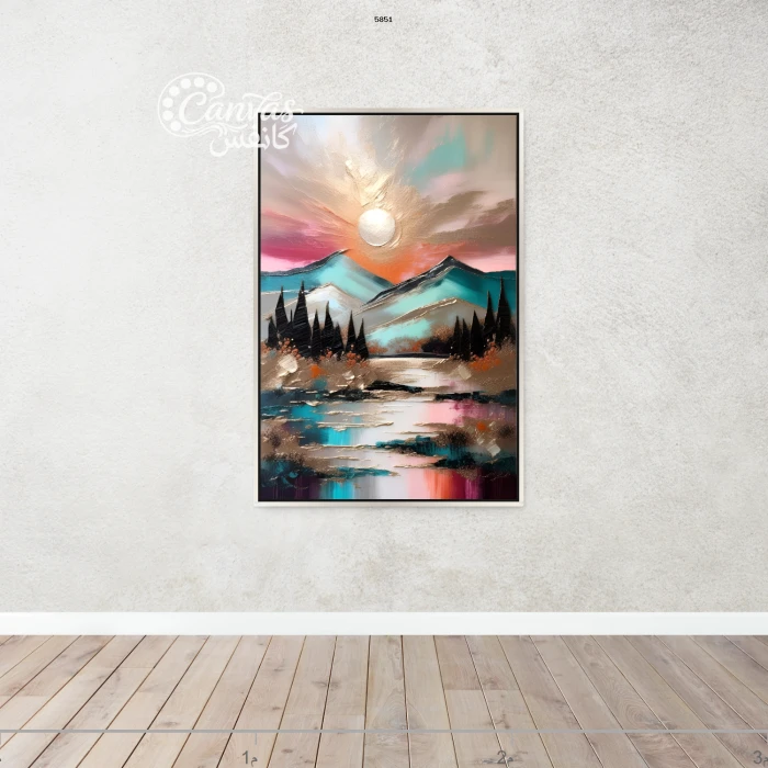 منظر طبيعي جبلي مع بحيرة وشمس غاربة