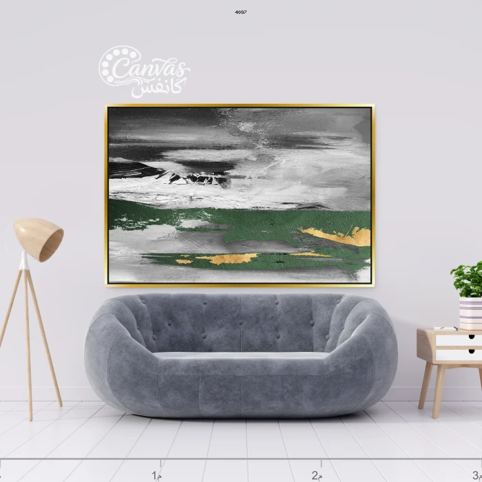 عمل فني حديث بتدرجات رمادية وخضراء