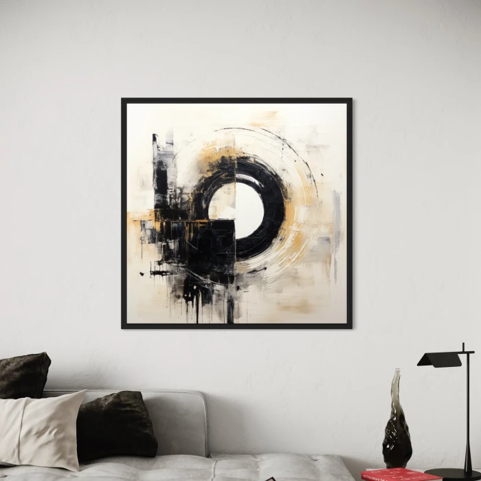 لوحة تجريدية بألوان متباينة وعناصر دائرية