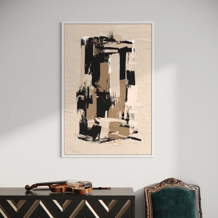 لوحة تجريدية بألوان محايدة وعناصر هندسية