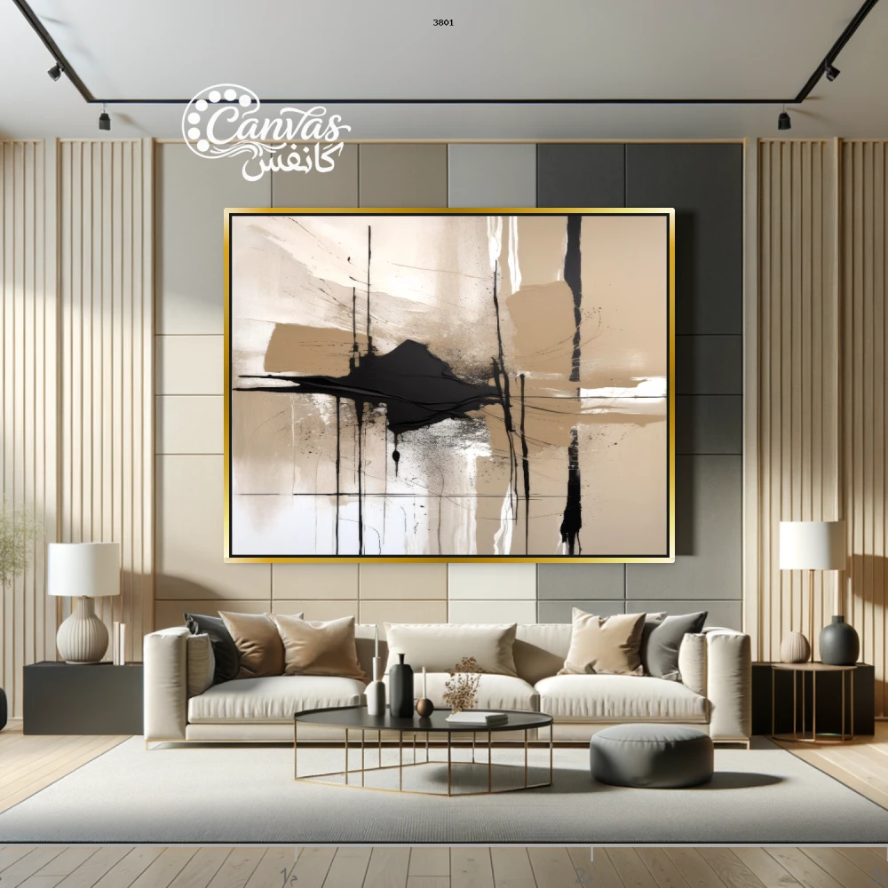 لوحة تجريدية بألوان دافئة وعناصر خطية