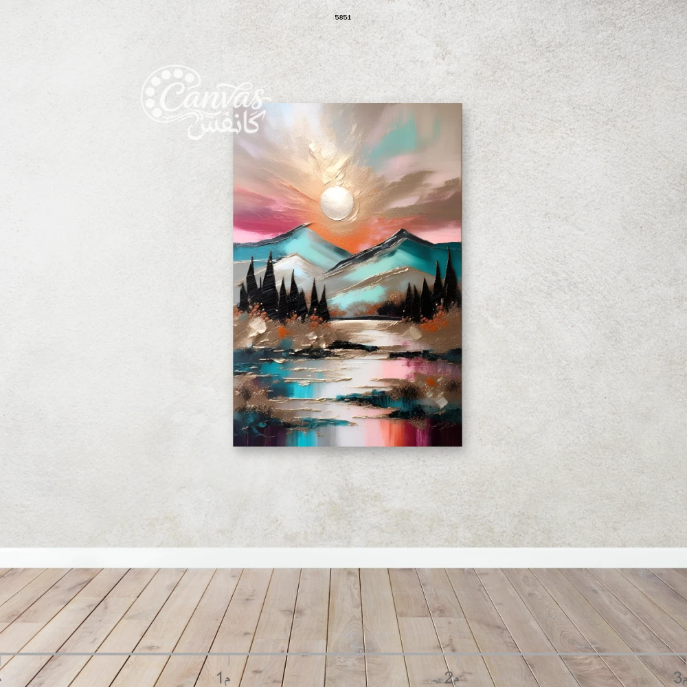 منظر طبيعي جبلي مع بحيرة وشمس غاربة