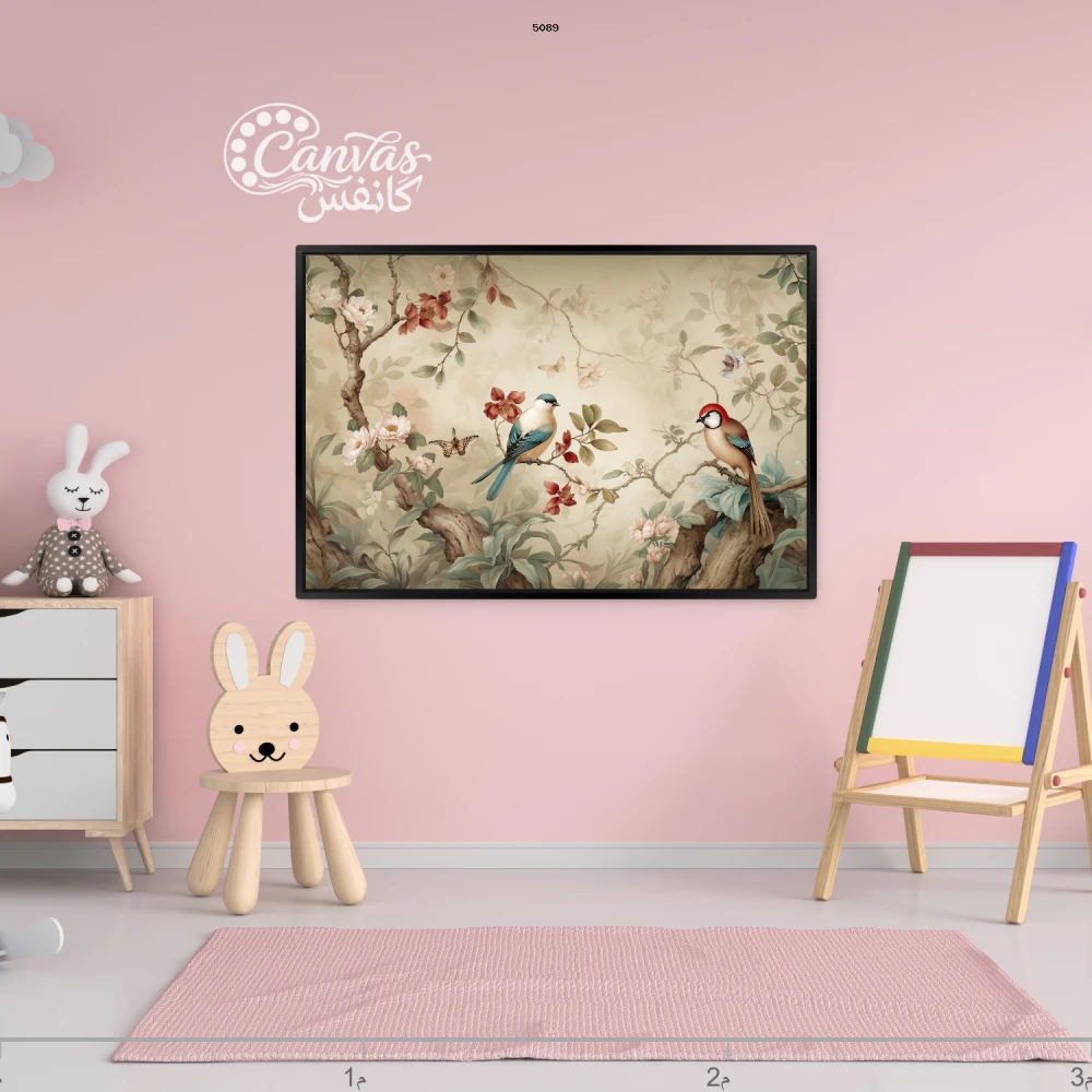 لوحة طيور ملونة تتوسط طبيعة هادئة