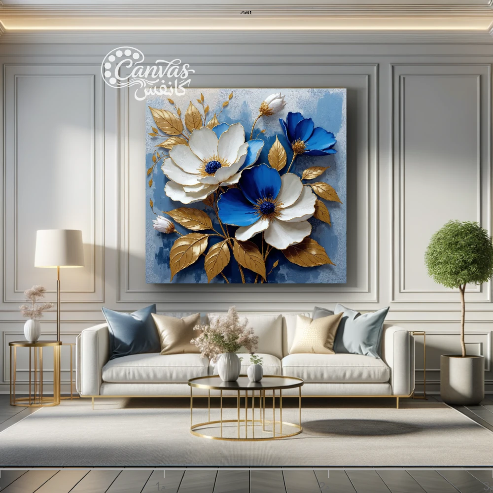 لوحة زهور بألوان زاهية مع خلفية زرقاء
