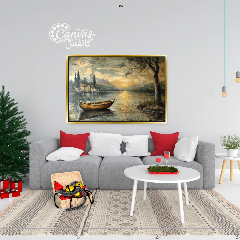 لوحة طبيعية مع قارب في بحيرة