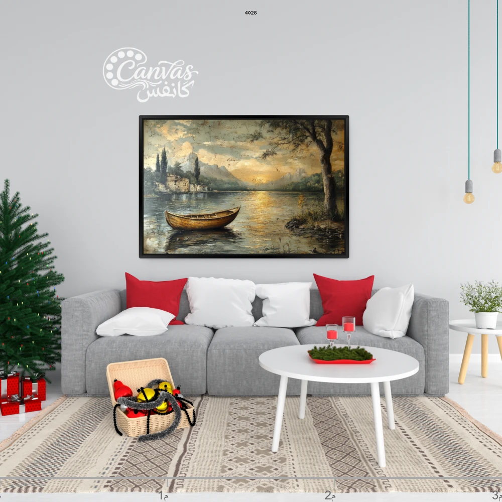 لوحة طبيعية مع قارب في بحيرة