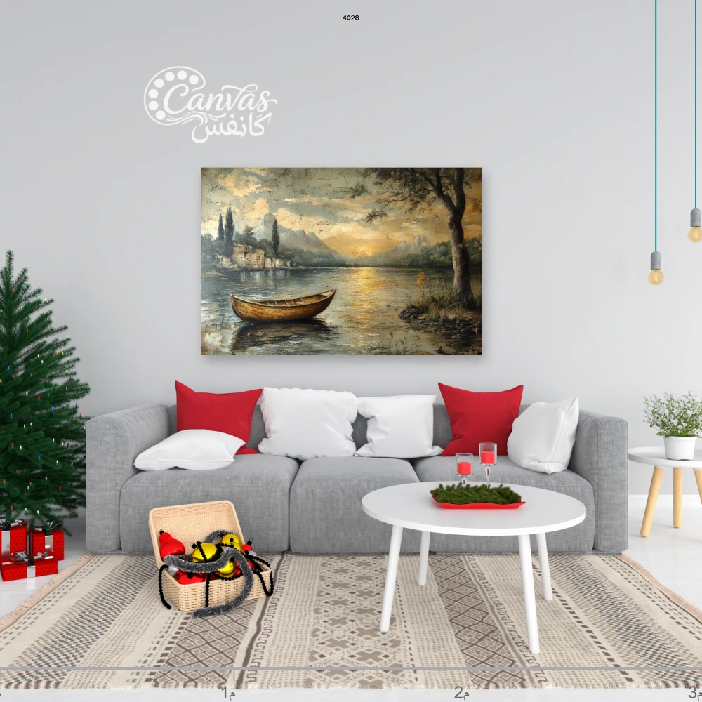 لوحة طبيعية مع قارب في بحيرة