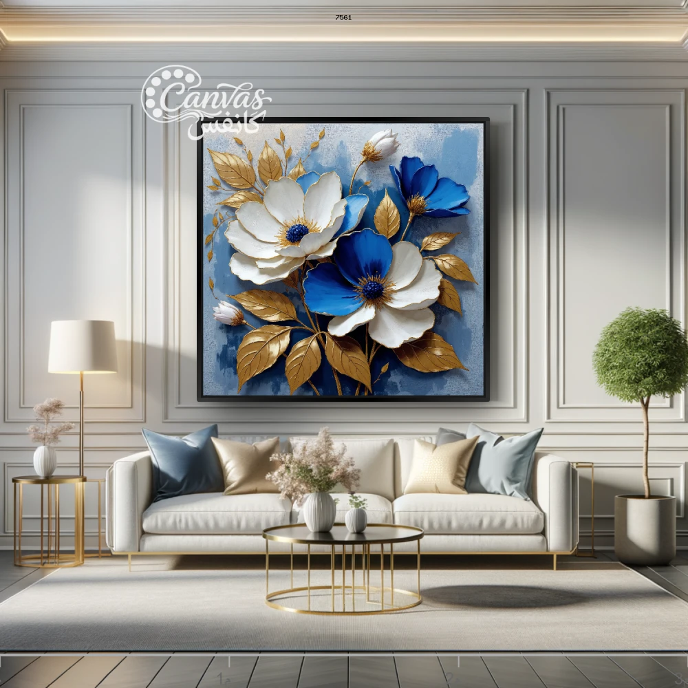 لوحة زهور بألوان زاهية مع خلفية زرقاء