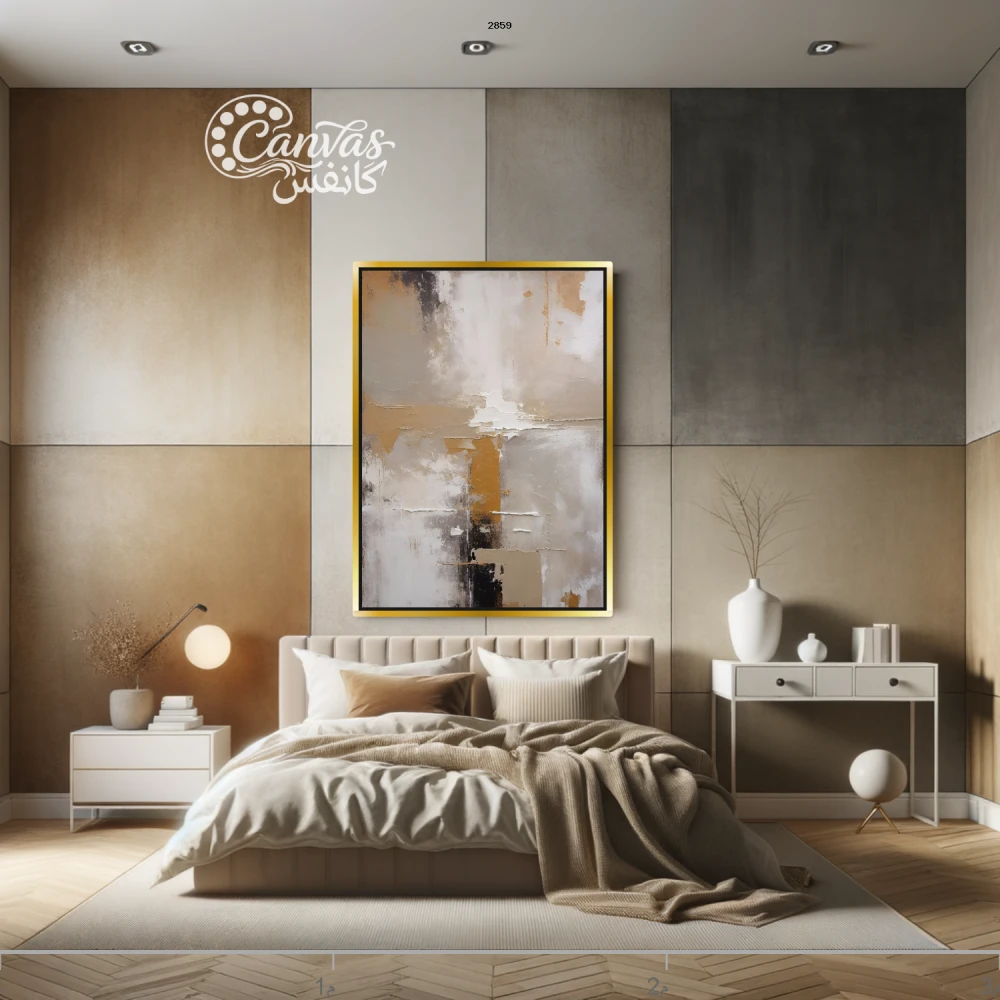 غرفة نوم مع جدران ملونة وأعمال فنية